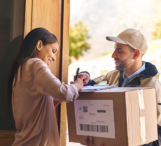 Happy lady signing for package for deliveryman to promote Howard Insurance Brokers - Wholesale and Distribution Insurance